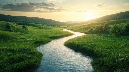Obraz premium Serene Winding River Flowing Through Lush Green Landscape at Sunset with Tranquil Waters and Rolling Hills in Majestic Nature Scene