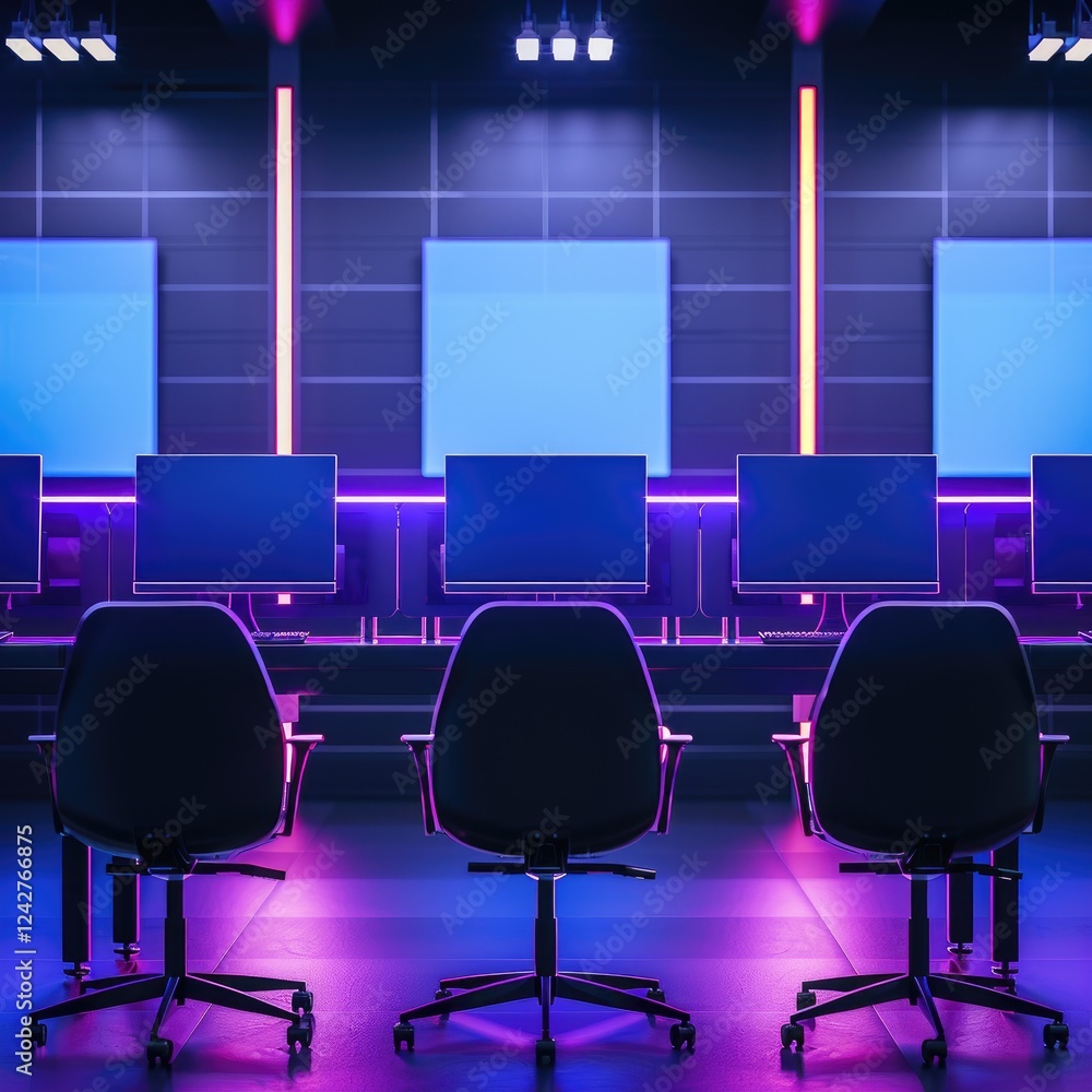 Poster futuristic office environment with multiple computer displays and chairs
