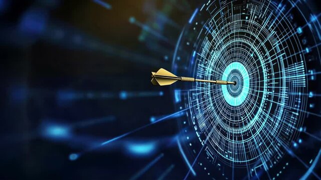 Digital illustration of an arrow hitting the bullseye on a virtual dartboard, symbolizing business strategic goals, collaboration, and effective planning for success