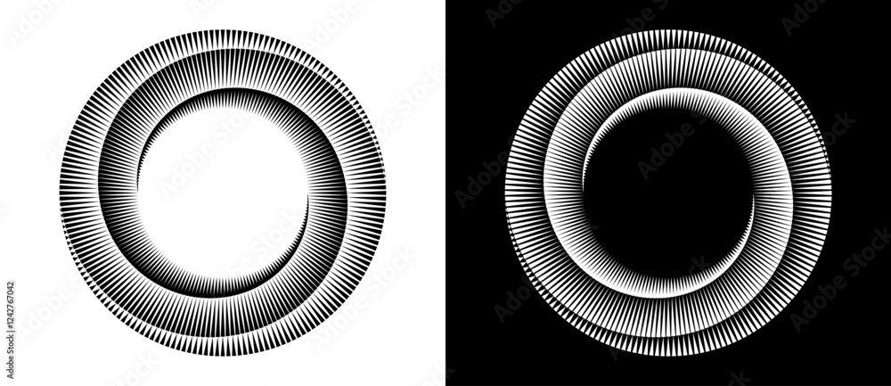 Poster Spiral with lines as dynamic abstract vector background or logo or icon. Black spiral on white background and white spiral on black background.