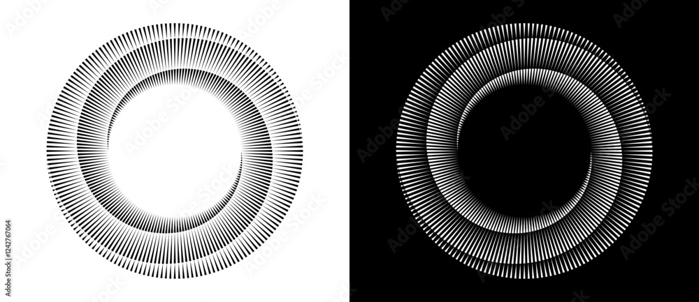 Poster Spiral with lines as dynamic abstract vector background or logo or icon. Black spiral on white background and white spiral on black background.