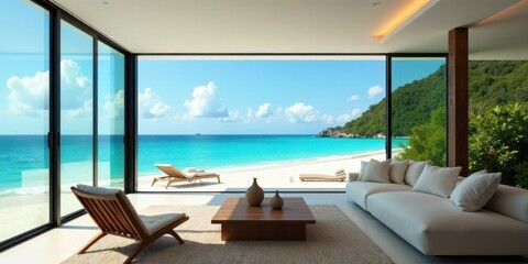 Fototapeta premium Oceanfront Living Room with Expansive Glass Walls and Beach View