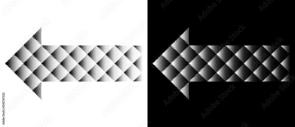 Aufkleber halftone arrows on white and black backgrounds. digital art dotted dynamic arrows.