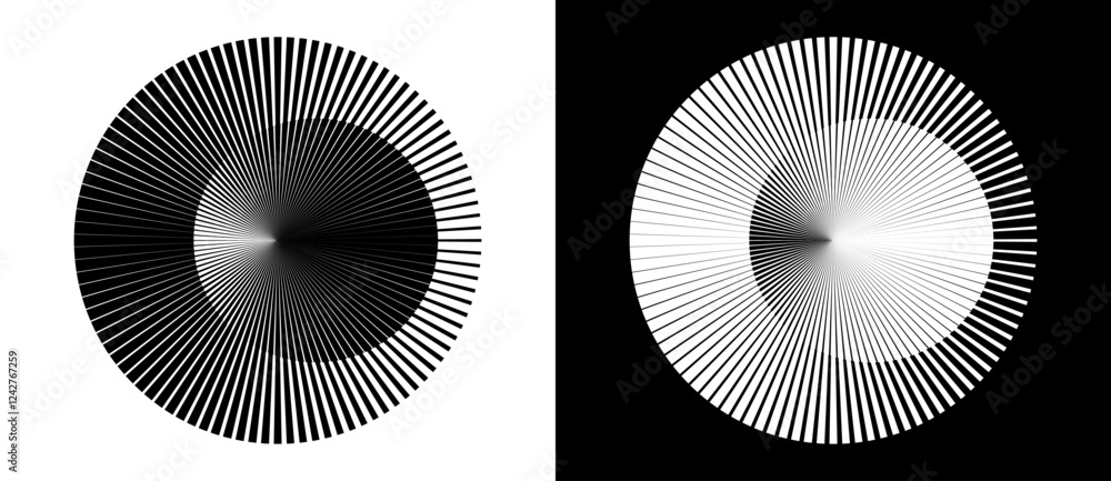 Fototapete Circle abstract background. Illusion of dynamic transition. Black shape on a white background and white lines on the black side.