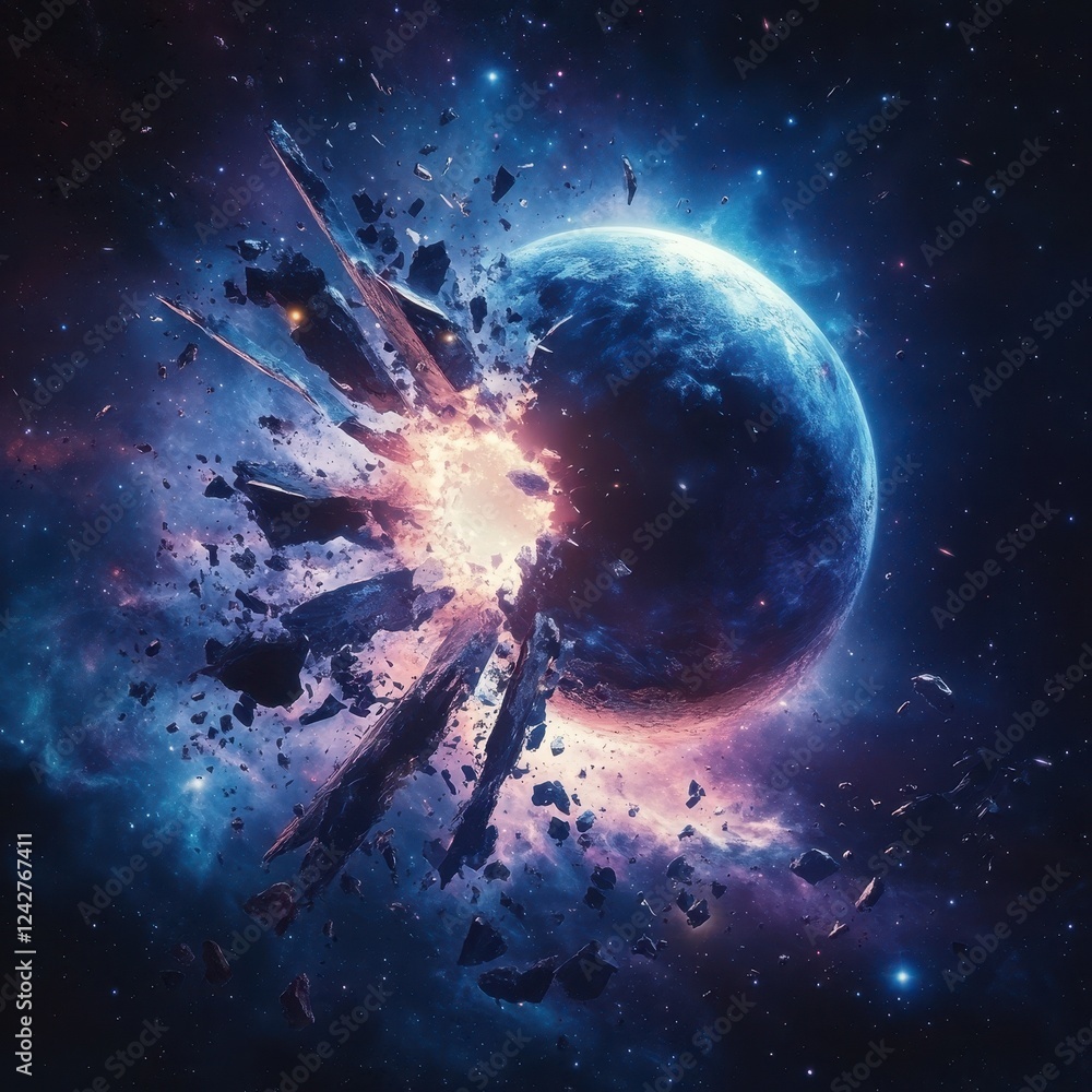 Poster celestial body exploding into space debris