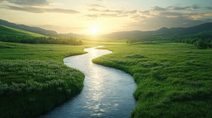 Fototapeta premium Serene Winding River Flowing Through Lush Green Landscape at Sunrise with Soft Clouds and Gentle Light Reflecting on Water Surface