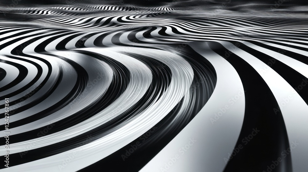 Poster 3d render of a wavy pattern of black and white lines on a surface, macro photography, detailed textu