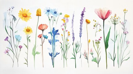 Wild flowers vector collection.  herbs, herbaceous flowering plants, blooming flowers, subshrubs isolated on white background. Hand drawn detailed botanical vector illustration.