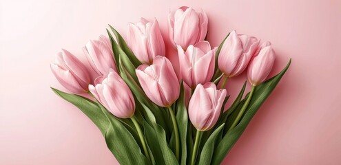 Obraz premium Breathtaking Close-Up of Vibrant Pink Tulips in Full Bloom Against Soft Pink Background, Evoking Romantic Spring Vibes