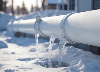 Water freezing on white pipe on cold winter day, chilly weather, cold snap, climate change, ice buildup