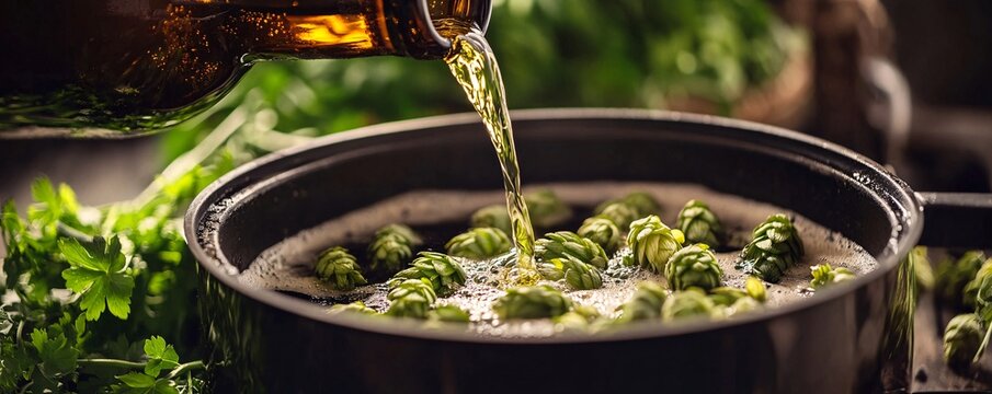 Brewer adding beer wort to fresh hops in a pot