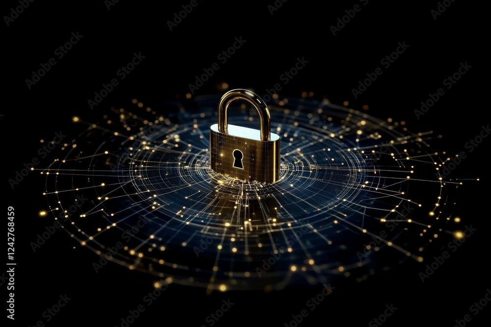 Poster futuristic golden padlock digital illustration with grid network effect on black background, creatin