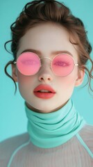 Woman wearing pink sunglasses and scarf in pastel street style with copy space for text or design