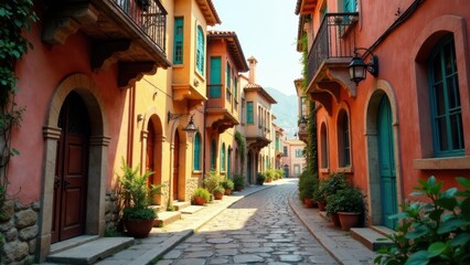 Fototapeta premium Sun-drenched cobblestone street lined with charming terracotta buildings featuring arched doorways, vibrant teal shutters, and quaint balconies, creating a picturesque European-style village scene.