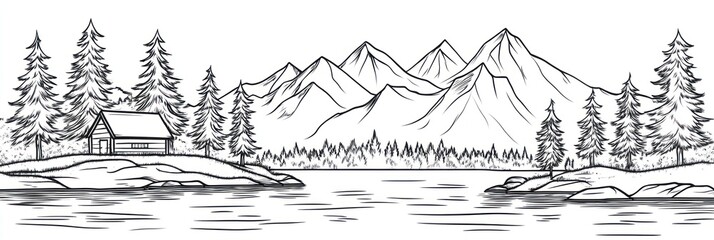 Mountain Lake Cabin Scenic Winter Landscape Illustration