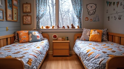 Cozy pediatric hospital room with soft lighting small beds covered in cheerful animalpatterned bedding and colorful curtains framing a window with calming views