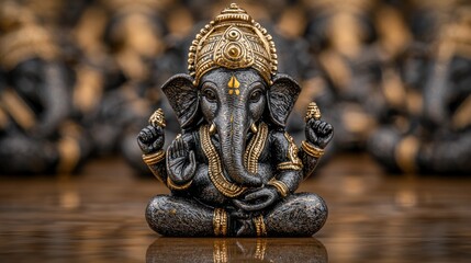 Fototapeta premium Ganesha Statues in Sitting Pose with Gold-Plated Hands and Arms, Featuring Beautiful Aig Embellishments