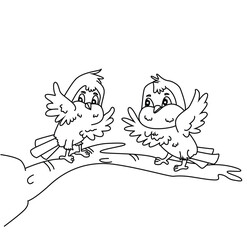 Cute cartoon hand drawn vector couple birds outline.
