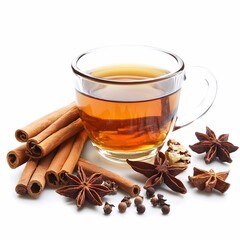 A cup of hot tea, Cinnamon, Star Anise, spices isolated on white background.
