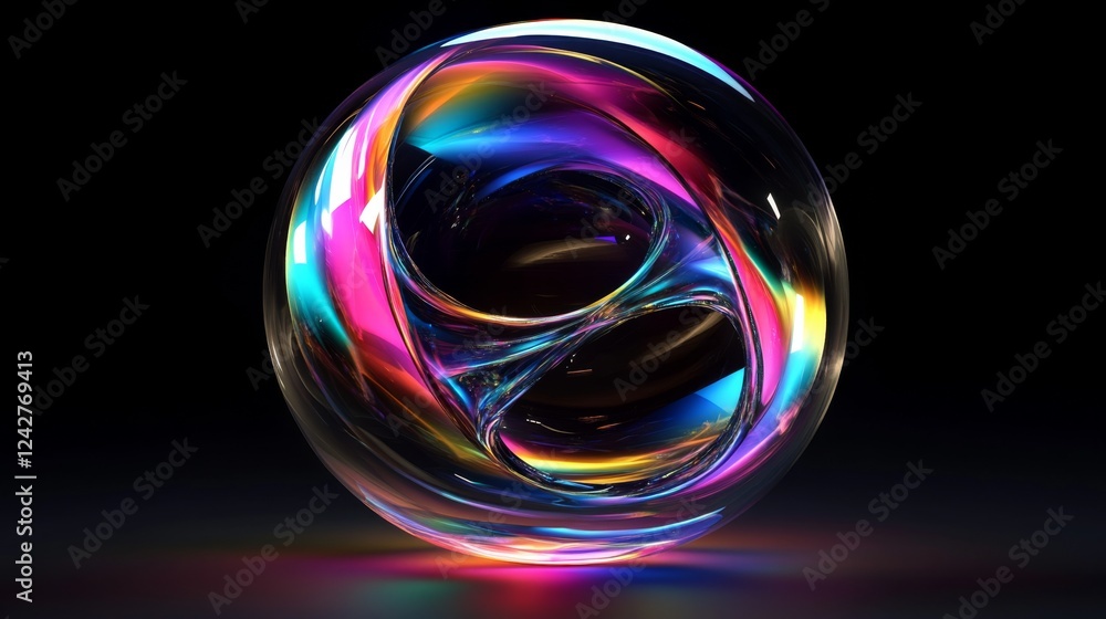 Poster spherical 3d rendering with rainbow swirls and transparent material on black background, creating su