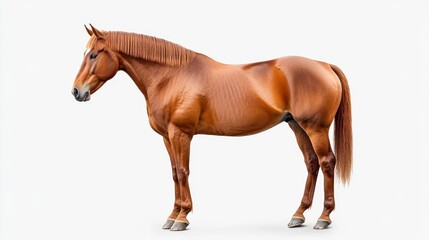 Naklejka premium Realistic Brown Horse Standing in Profile on White Background