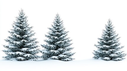 Snow-covered pines, winter scene, isolated, white background, holiday card