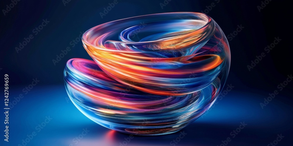Poster vibrant 3d digital art of colorful spherical object with spiral movement in deep blue background