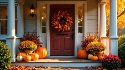 Autumnal Entrance Decor  A Welcoming Porch with Pumpkins, Mums, and a Fall Wreath