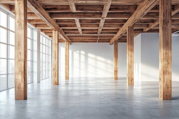 A wide-angle view of an empty, minimalist interior with wooden beams on the ceiling and concrete floors. The walls have white panels, creating a contrast against the natural wood elements. 