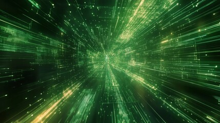 Fototapeta premium Abstract green digital background with flowing lines and glowing dots representing big data, technology, and science, futuristic network connection to the world wide web, 3d rendering