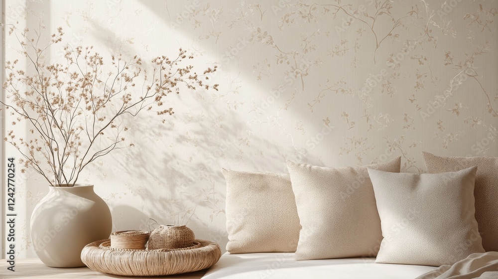 Poster delicate repeating pattern of small branches with leaves in soft beige and light brown, creating a s
