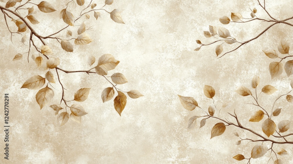Poster delicate repeating pattern of small branches with leaves in soft beige and light brown, creating a s