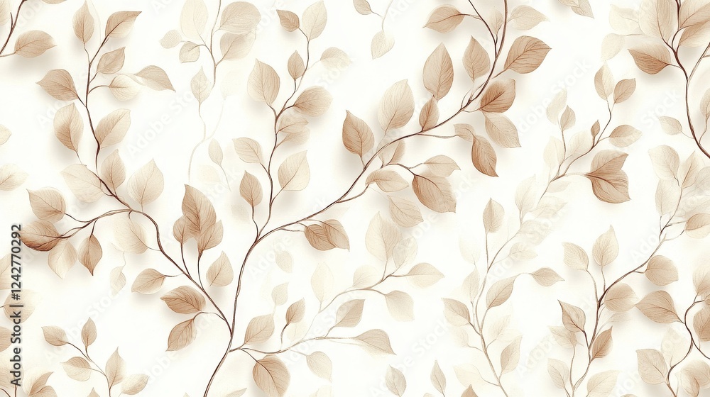 Poster delicate repeating pattern of small branches with leaves in soft beige and light brown, creating a s