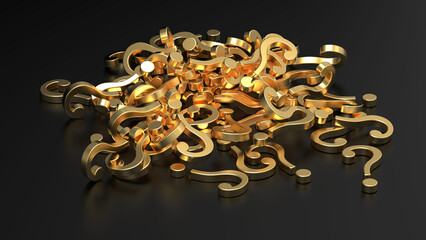 黒い背景の金属表面ゴールドの3DCG、クエスチョンマーク