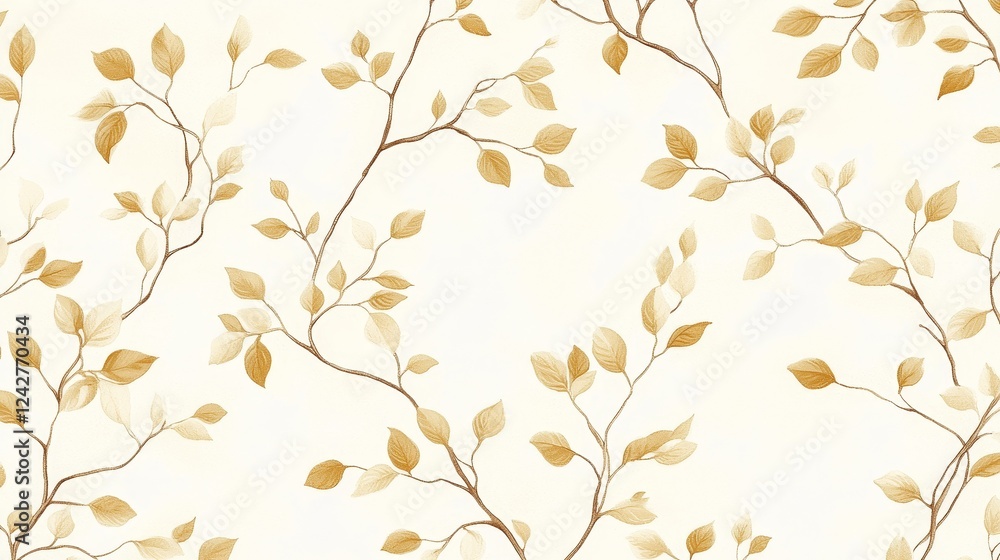Poster delicate repeating pattern of small branches with leaves in soft beige and light brown, creating a s