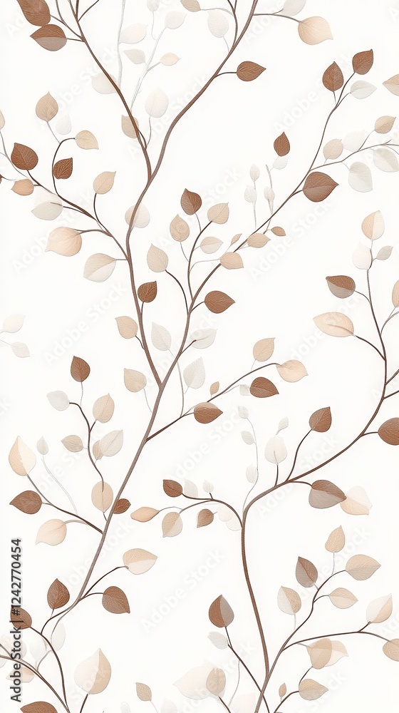 Poster delicate repeating pattern of small branches with leaves in soft beige and light brown, creating a s