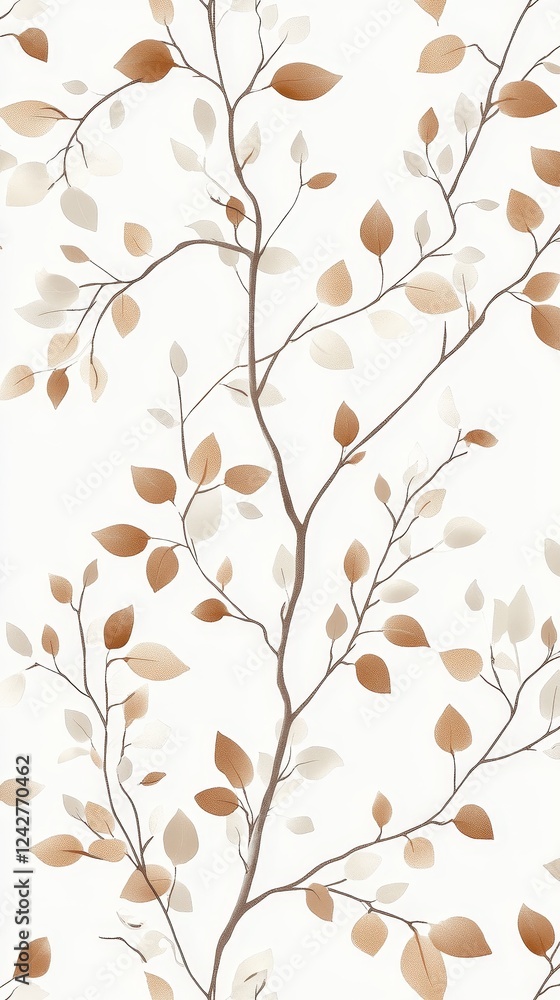 Poster delicate repeating pattern of small branches with leaves in soft beige and light brown, creating a s