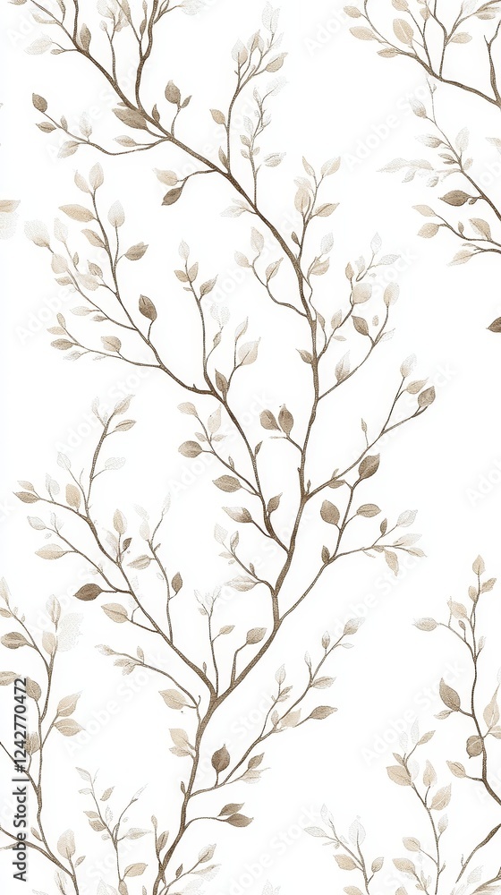 Poster delicate repeating pattern of small branches with leaves in soft beige and light brown, creating a s