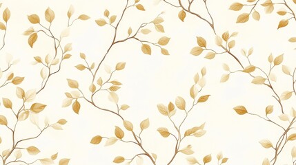 Delicate repeating pattern of small branches with leaves in soft beige and light brown, creating a serene and tranquil atmosphere. Perfect for subtle wall decoration without overwhelming the space.