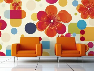 Bold and Colorful Interior with Abstract Floral Wallpaper and Vibrant Orange Armchairs