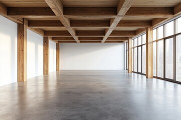 Fototapeta premium A wide-angle view of an empty, minimalist interior with wooden beams on the ceiling and concrete floors. The walls have white panels, creating a contrast against the natural wood elements. 