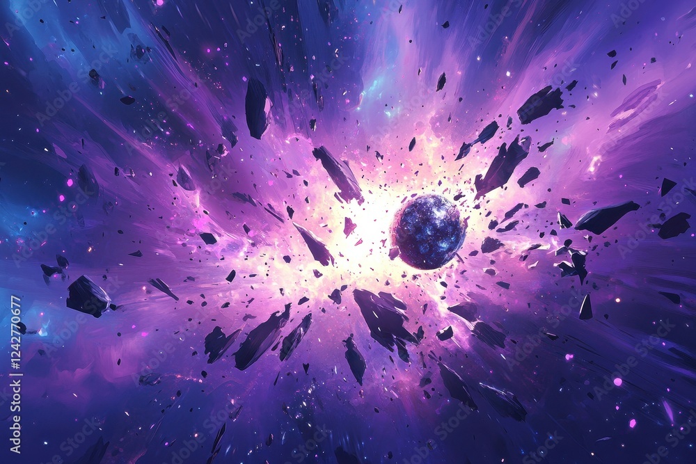 Poster cosmic planet exploding in purple nebula debris field