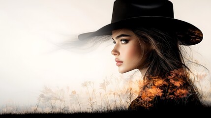 A vintage-inspired western portrait, with a cowgirl’s shadow falling over a delicate floral composition. The cinematic mood and artistic textures create a timeless, evocative scene. Ultra-Realistic, 