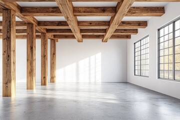 Fototapeta premium A wide-angle view of an empty, minimalist interior with wooden beams on the ceiling and concrete floors. The walls have white panels, creating a contrast against the natural wood elements. 