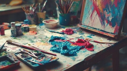 A messy yet creative workspace with paint-covered rags, palettes, and art supplies.