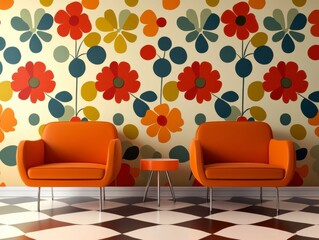 Bold and Colorful Interior with Abstract Floral Wallpaper and Vibrant Orange Armchairs
