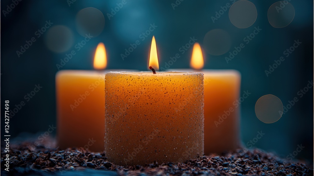 Poster three glowing candles surrounded by soft bokeh lighting in a serene, tranquil setting