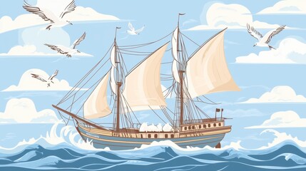 Majestic Sailing Ship on Ocean Waves - A Vintage Maritime Art