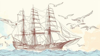 Vintage Sailing Ship Illustration: A Detailed Line Art of a Majestic Vessel on the Ocean with Soaring Seagulls.