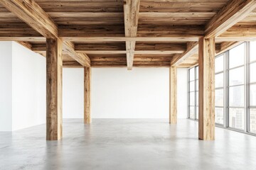 Fototapeta premium A wide-angle view of an empty, minimalist interior with wooden beams on the ceiling and concrete floors. The walls have white panels, creating a contrast against the natural wood elements. 